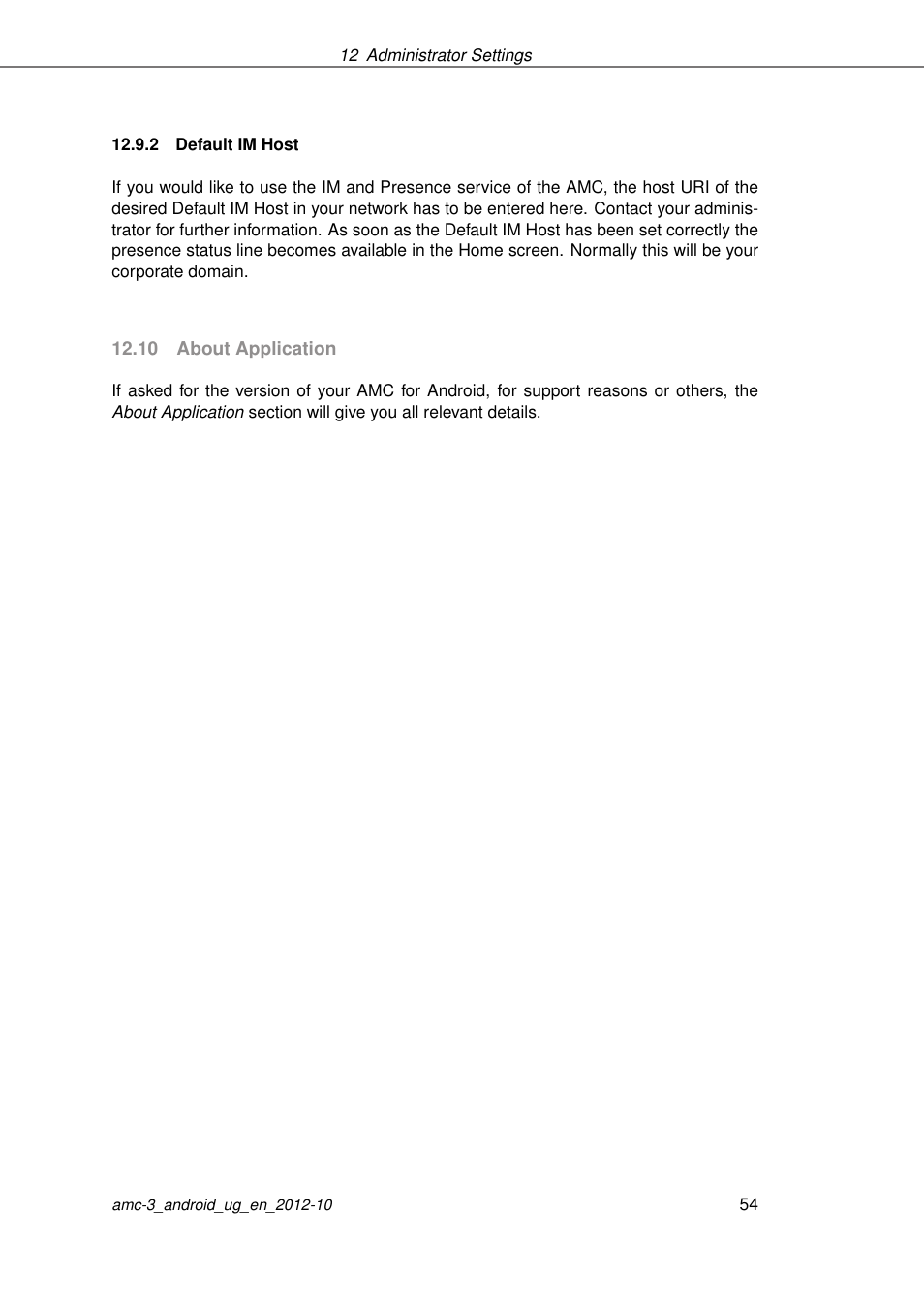 Default im host, About application, 10 about application | AASTRA AMC 3 for Android EN User Manual | Page 54 / 57