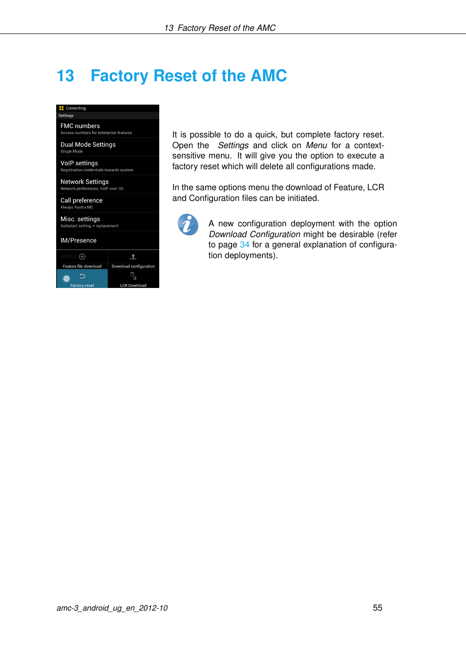 Factory reset of the amc, 13 factory reset of the amc | AASTRA AMC 3 for Android EN User Manual | Page 55 / 57