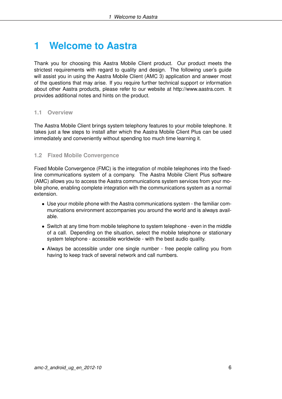 Welcome to aastra, Overview, Fixed mobile convergence | 1welcome to aastra | AASTRA AMC 3 for Android EN User Manual | Page 6 / 57