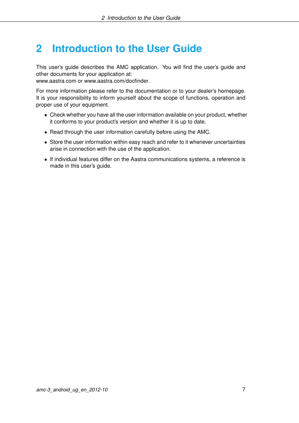 Introduction to the user guide, 2introduction to the user guide | AASTRA AMC 3 for Android EN User Manual | Page 7 / 57