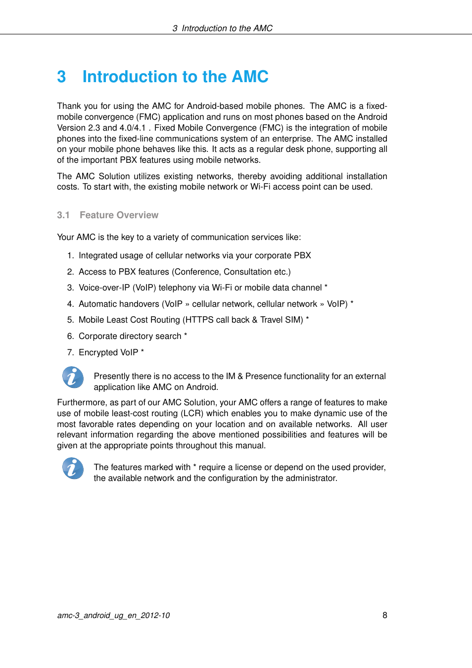 Introduction to the amc, Feature overview, 3introduction to the amc | AASTRA AMC 3 for Android EN User Manual | Page 8 / 57