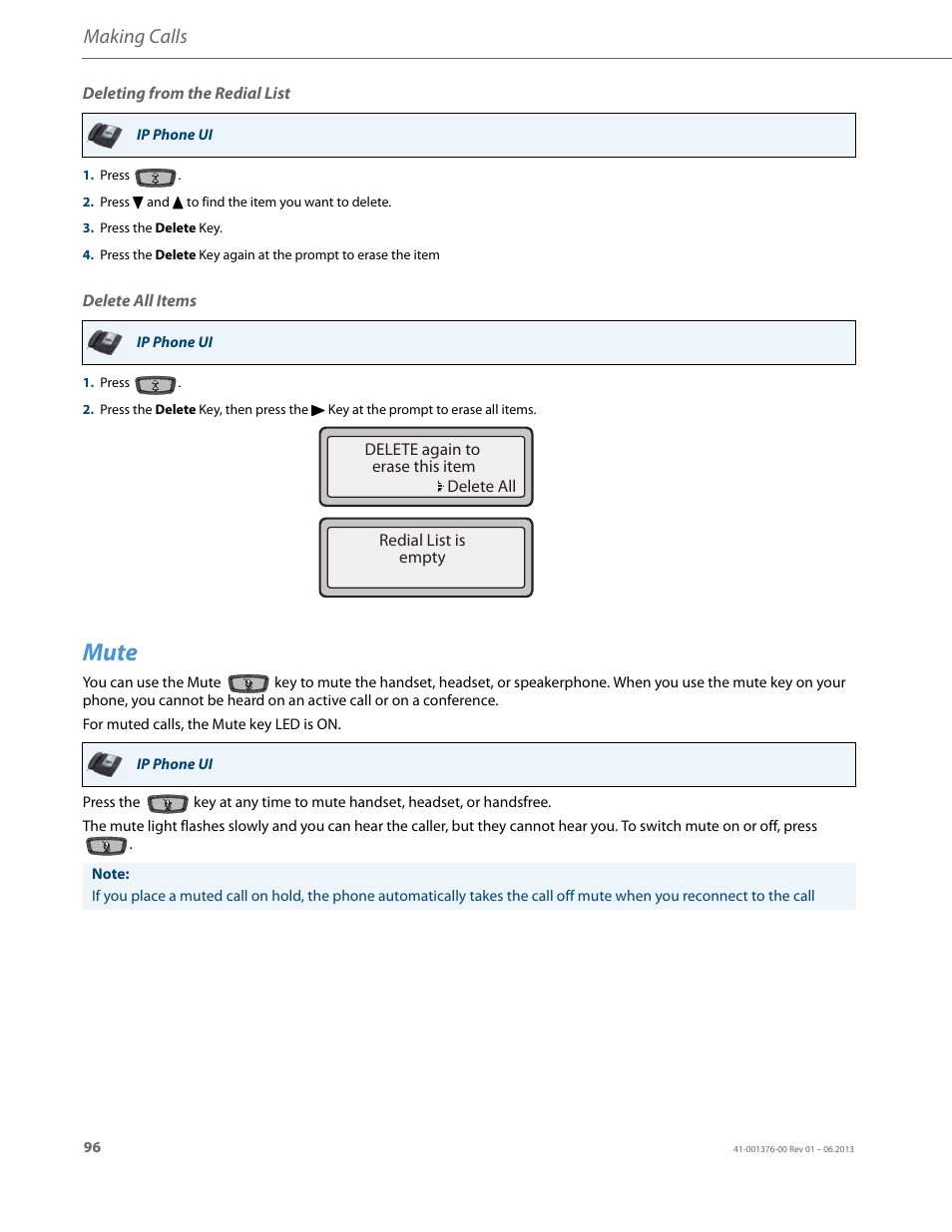 Deleting from the redial list, Delete all items, Mute | Making calls | AASTRA 6730i (Version 3.2) User Guide EN User Manual | Page 102 / 185