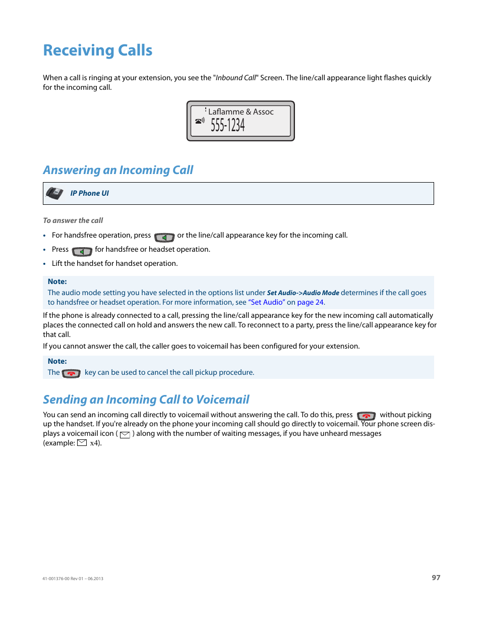 Receiving calls, Answering an incoming call, Sending an incoming call to voicemail | AASTRA 6730i (Version 3.2) User Guide EN User Manual | Page 103 / 185