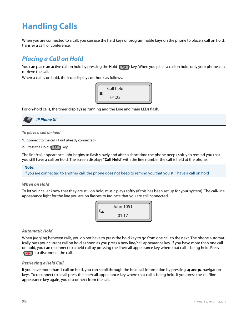 Handling calls, Placing a call on hold, When on hold | Automatic hold, Retrieving a held call | AASTRA 6730i (Version 3.2) User Guide EN User Manual | Page 104 / 185