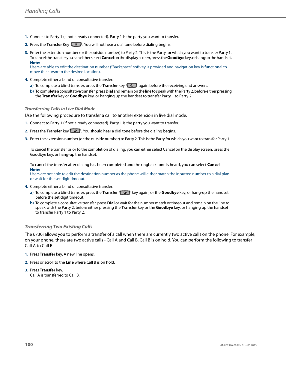 Transferring two existing calls, Handling calls | AASTRA 6730i (Version 3.2) User Guide EN User Manual | Page 106 / 185