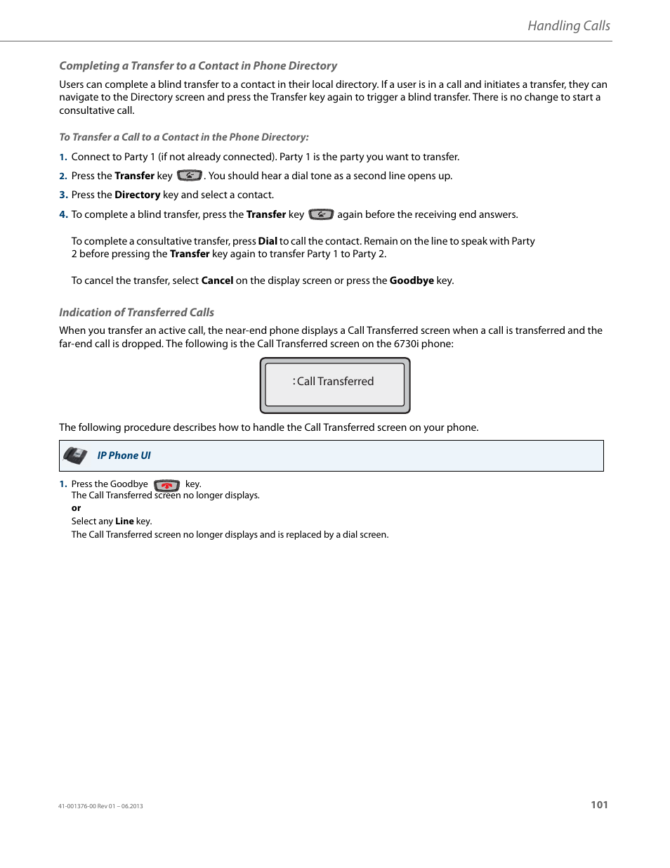 Indication of transferred calls, Handling calls | AASTRA 6730i (Version 3.2) User Guide EN User Manual | Page 107 / 185