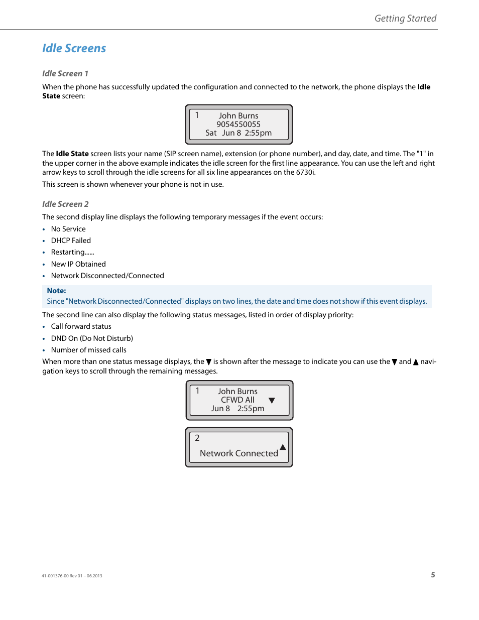 Idle screens, Idle screen 1, Idle screen 2 | Getting started | AASTRA 6730i (Version 3.2) User Guide EN User Manual | Page 11 / 185