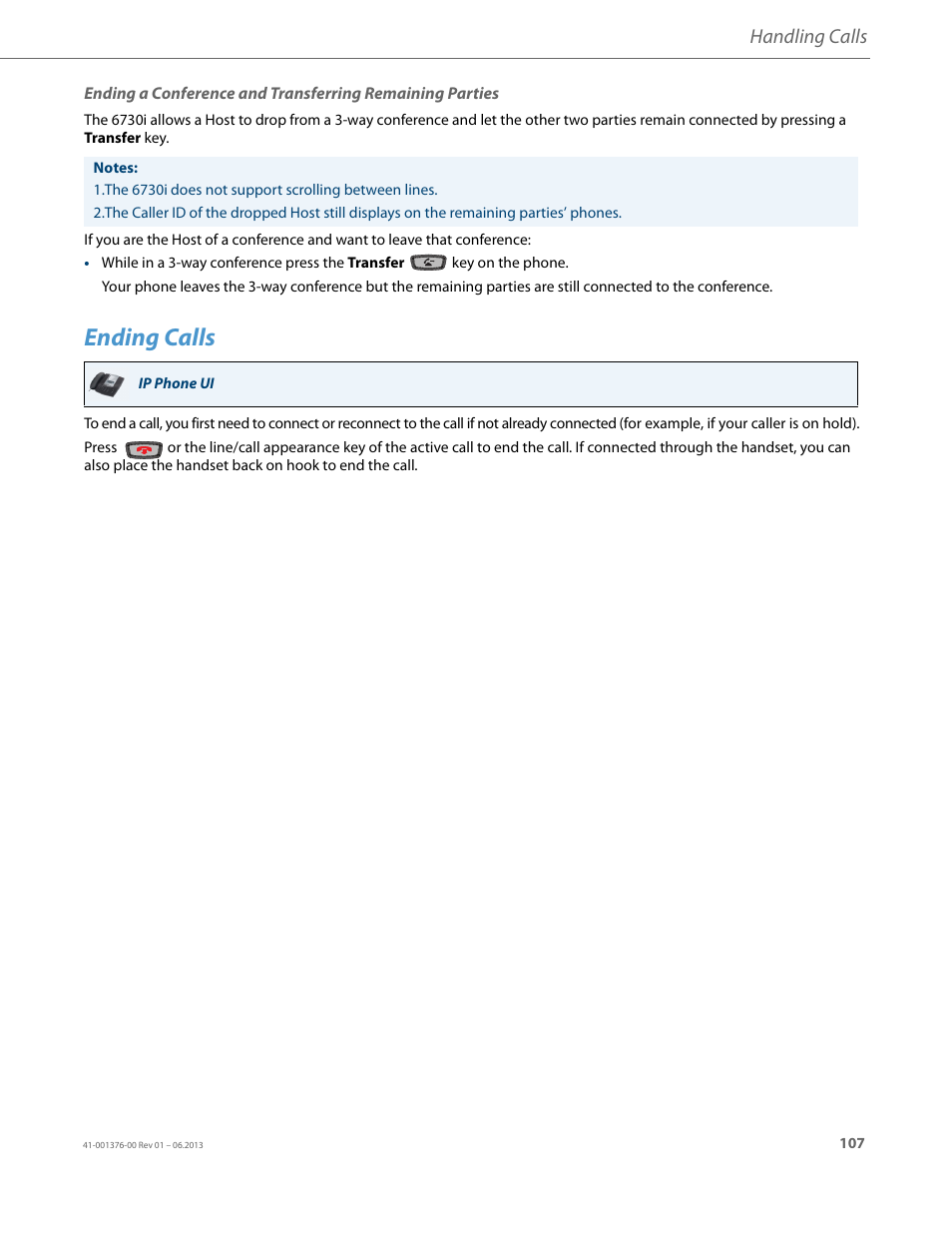 Ending calls, Handling calls | AASTRA 6730i (Version 3.2) User Guide EN User Manual | Page 113 / 185