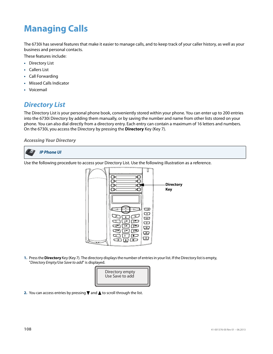 Managing calls, Directory list, Accessing your directory | AASTRA 6730i (Version 3.2) User Guide EN User Manual | Page 114 / 185