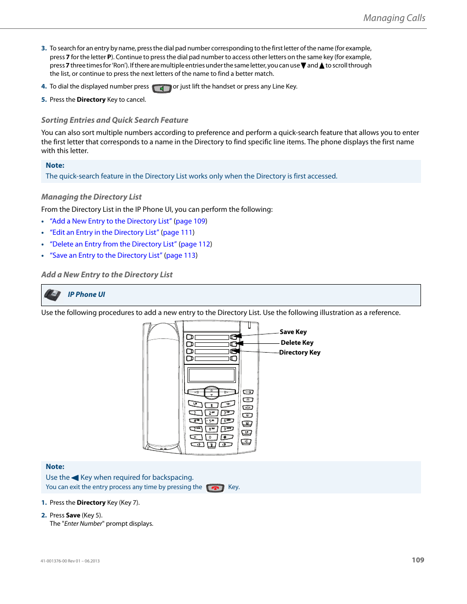 Sorting entries and quick search feature, Managing the directory list, Add a new entry to the directory list | Managing calls | AASTRA 6730i (Version 3.2) User Guide EN User Manual | Page 115 / 185