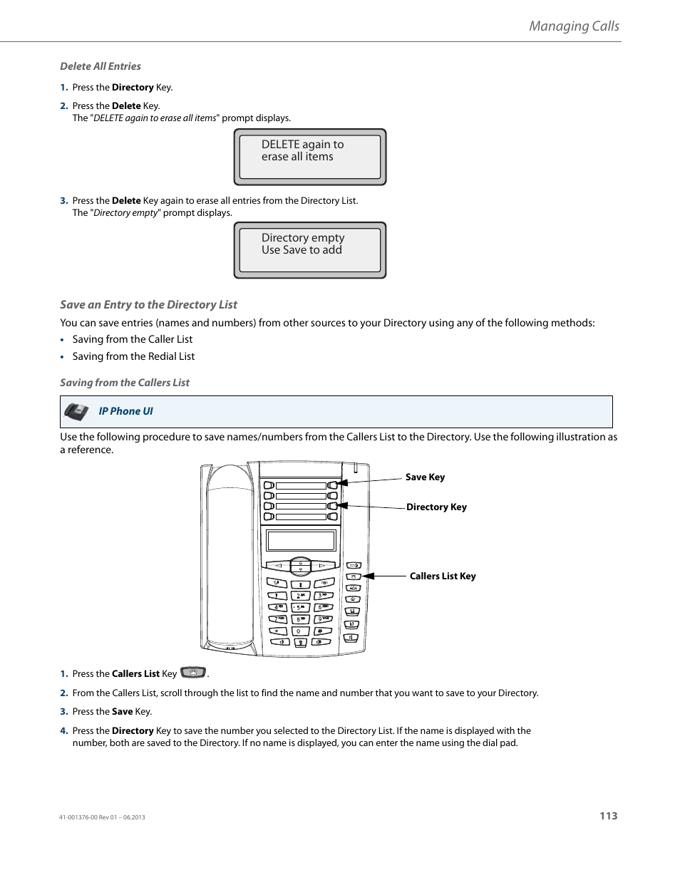 Save an entry to the directory list, Managing calls | AASTRA 6730i (Version 3.2) User Guide EN User Manual | Page 119 / 185