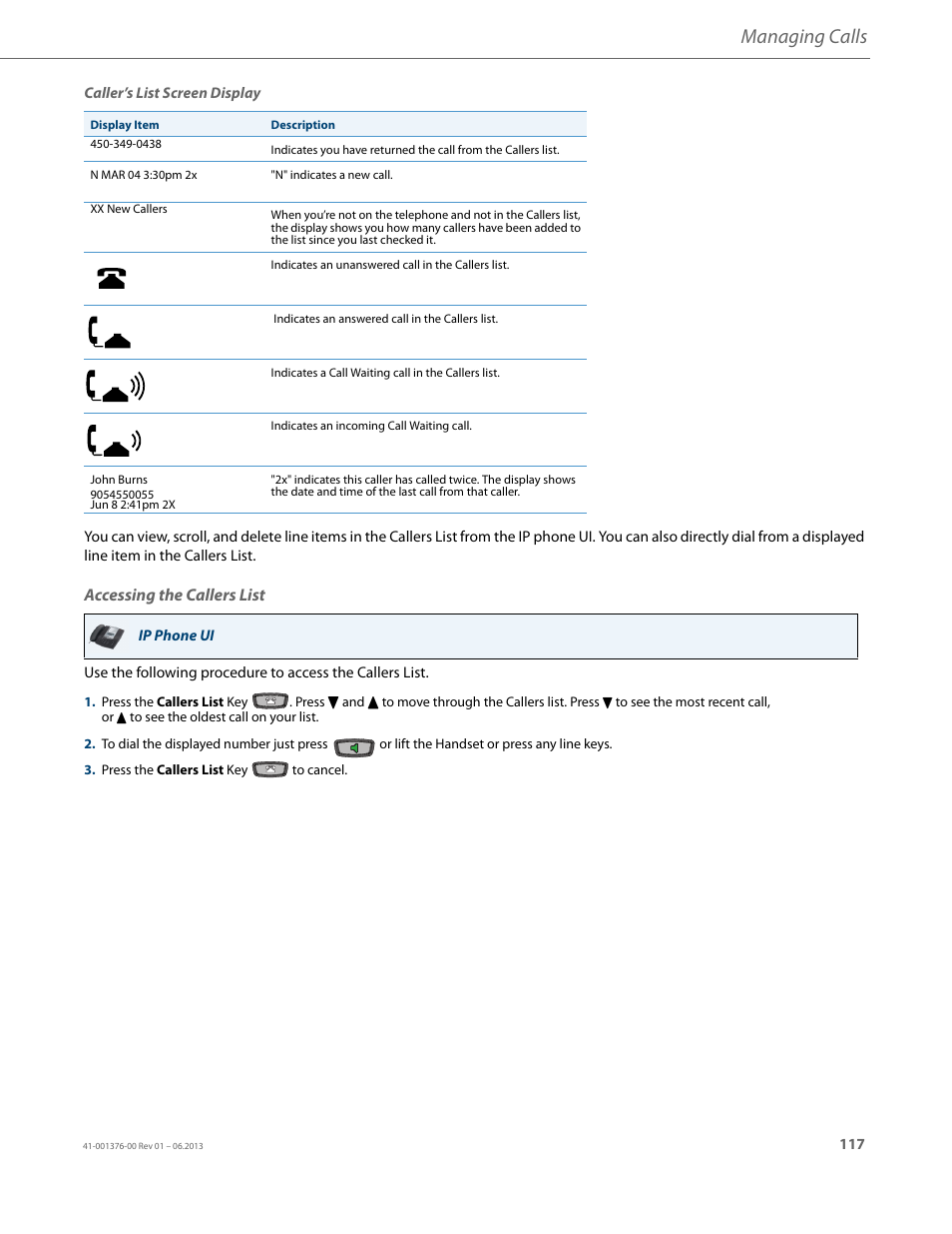 Accessing the callers list, Managing calls | AASTRA 6730i (Version 3.2) User Guide EN User Manual | Page 123 / 185