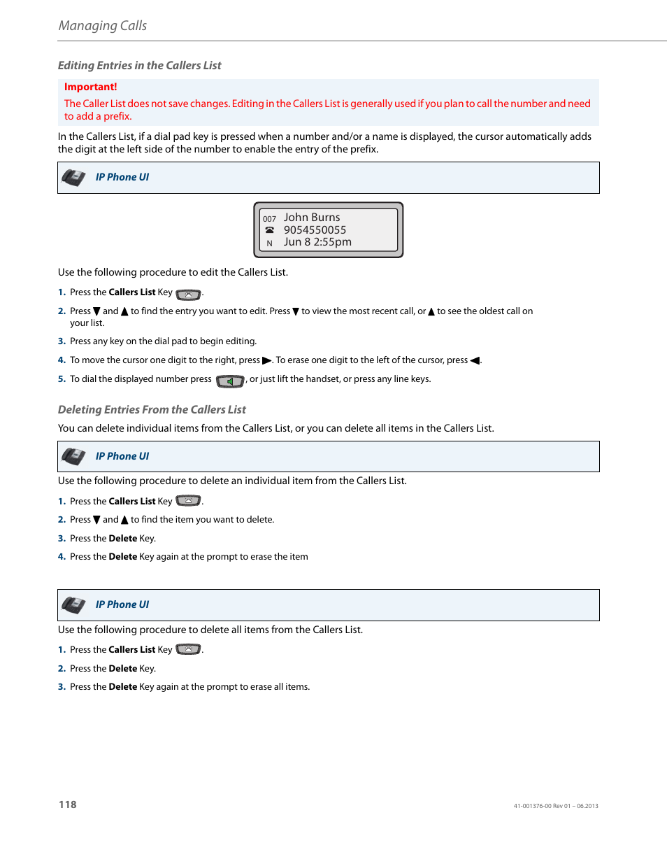 Editing entries in the callers list, Deleting entries from the callers list, Managing calls | AASTRA 6730i (Version 3.2) User Guide EN User Manual | Page 124 / 185