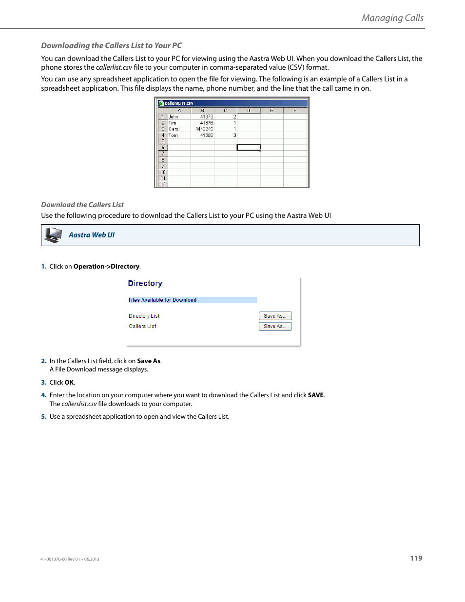 Downloading the callers list to your pc, Managing calls | AASTRA 6730i (Version 3.2) User Guide EN User Manual | Page 125 / 185