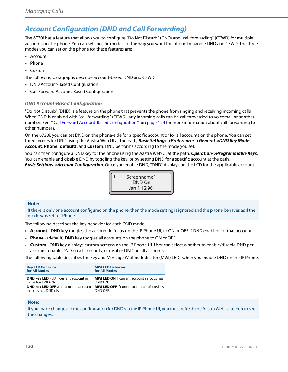 Account configuration (dnd and call forwarding), Dnd account-based configuration, Managing calls | AASTRA 6730i (Version 3.2) User Guide EN User Manual | Page 126 / 185