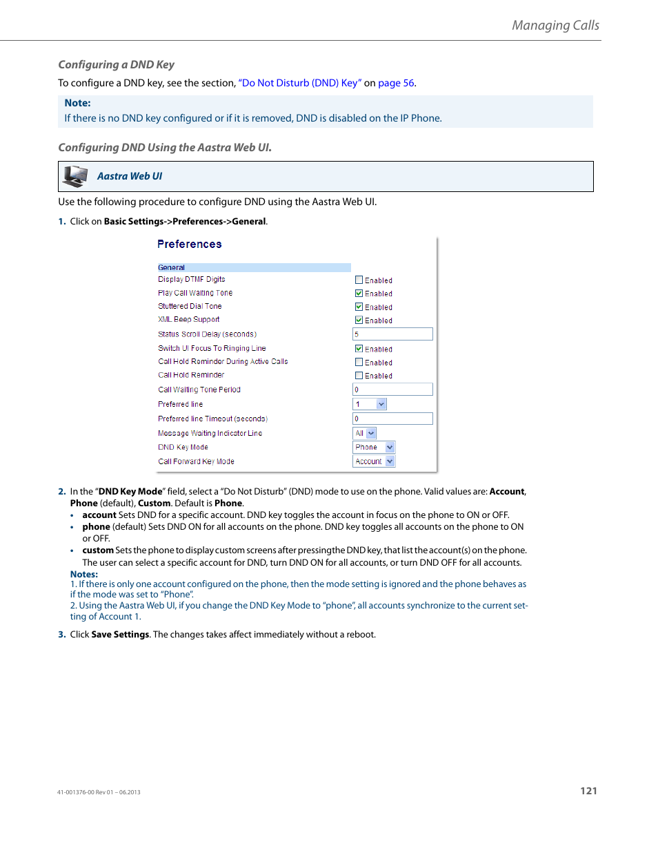 Configuring a dnd key, Configuring dnd using the aastra web ui, Managing calls | AASTRA 6730i (Version 3.2) User Guide EN User Manual | Page 127 / 185