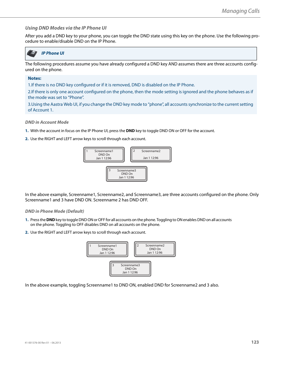 Using dnd modes via the ip phone ui, Managing calls | AASTRA 6730i (Version 3.2) User Guide EN User Manual | Page 129 / 185