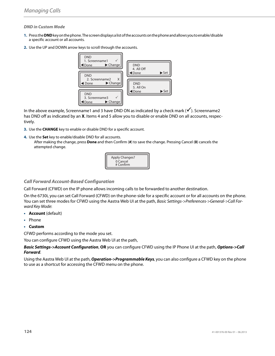 Call forward account-based configuration, Managing calls | AASTRA 6730i (Version 3.2) User Guide EN User Manual | Page 130 / 185