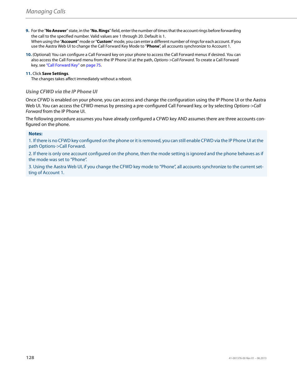 Using cfwd via the ip phone ui, Managing calls | AASTRA 6730i (Version 3.2) User Guide EN User Manual | Page 134 / 185