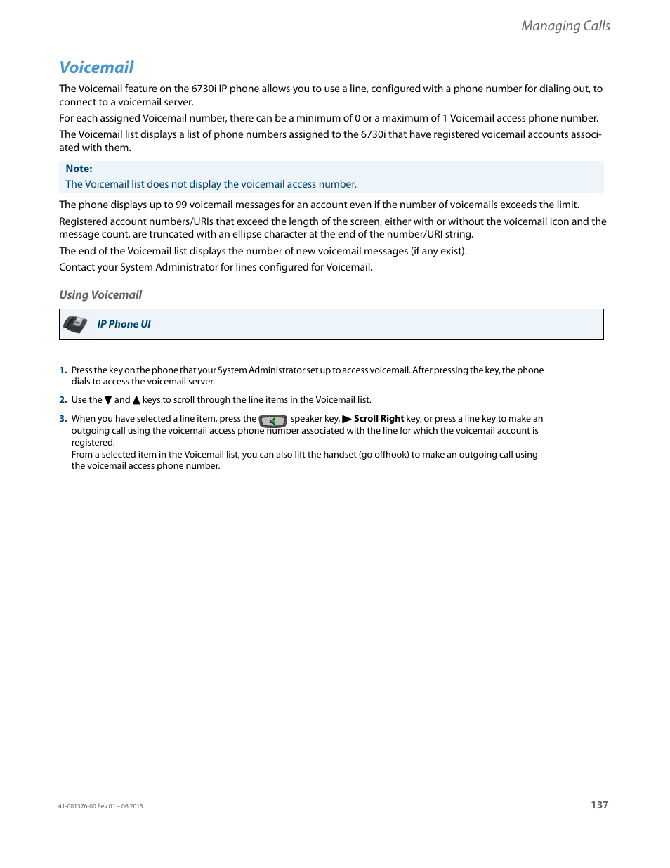 Voicemail, Using voicemail, Managing calls | AASTRA 6730i (Version 3.2) User Guide EN User Manual | Page 143 / 185