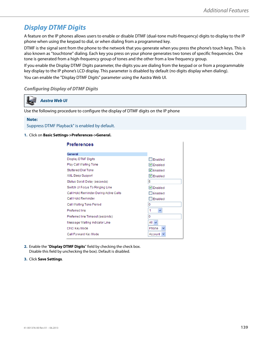 Display dtmf digits, Configuring display of dtmf digits, Additional features | AASTRA 6730i (Version 3.2) User Guide EN User Manual | Page 145 / 185