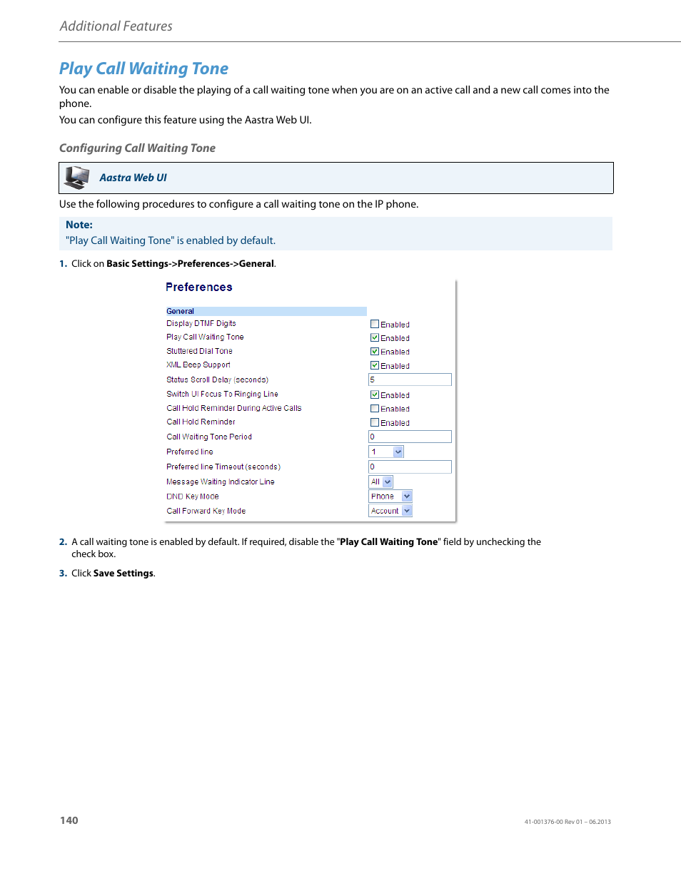 Play call waiting tone, Configuring call waiting tone, Additional features | AASTRA 6730i (Version 3.2) User Guide EN User Manual | Page 146 / 185