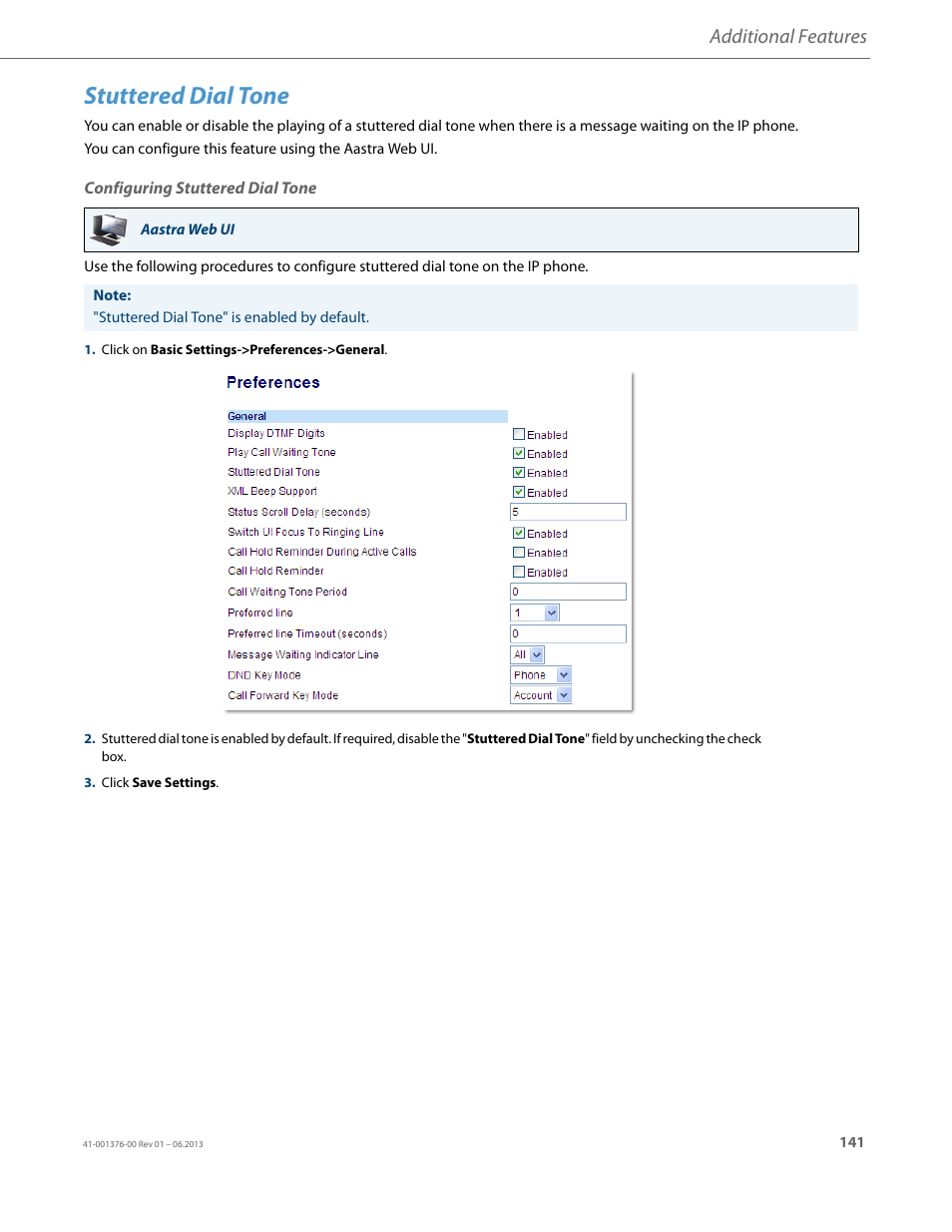 Stuttered dial tone, Configuring stuttered dial tone, Additional features | AASTRA 6730i (Version 3.2) User Guide EN User Manual | Page 147 / 185