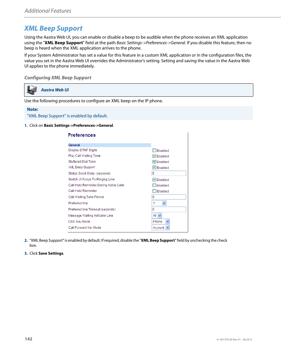 Xml beep support, Configuring xml beep support, Additional features | AASTRA 6730i (Version 3.2) User Guide EN User Manual | Page 148 / 185