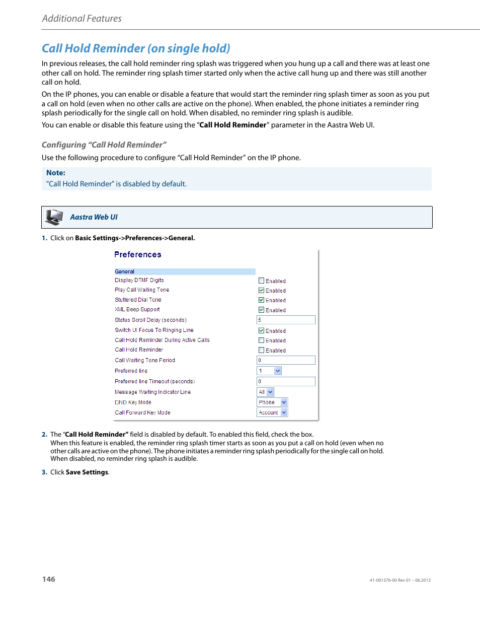 Call hold reminder (on single hold), Configuring “call hold reminder, Additional features | AASTRA 6730i (Version 3.2) User Guide EN User Manual | Page 152 / 185