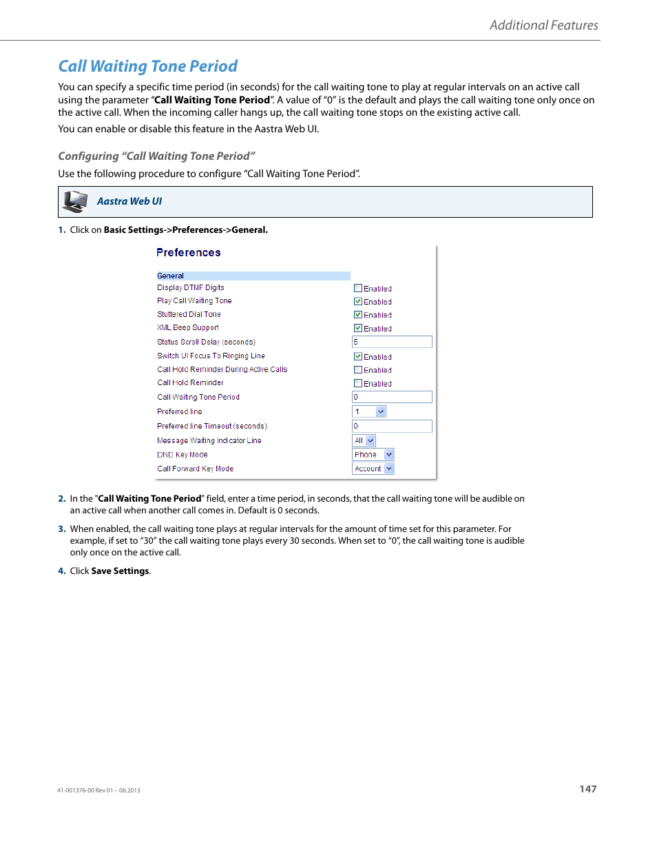 Call waiting tone period, Configuring “call waiting tone period, Additional features | AASTRA 6730i (Version 3.2) User Guide EN User Manual | Page 153 / 185