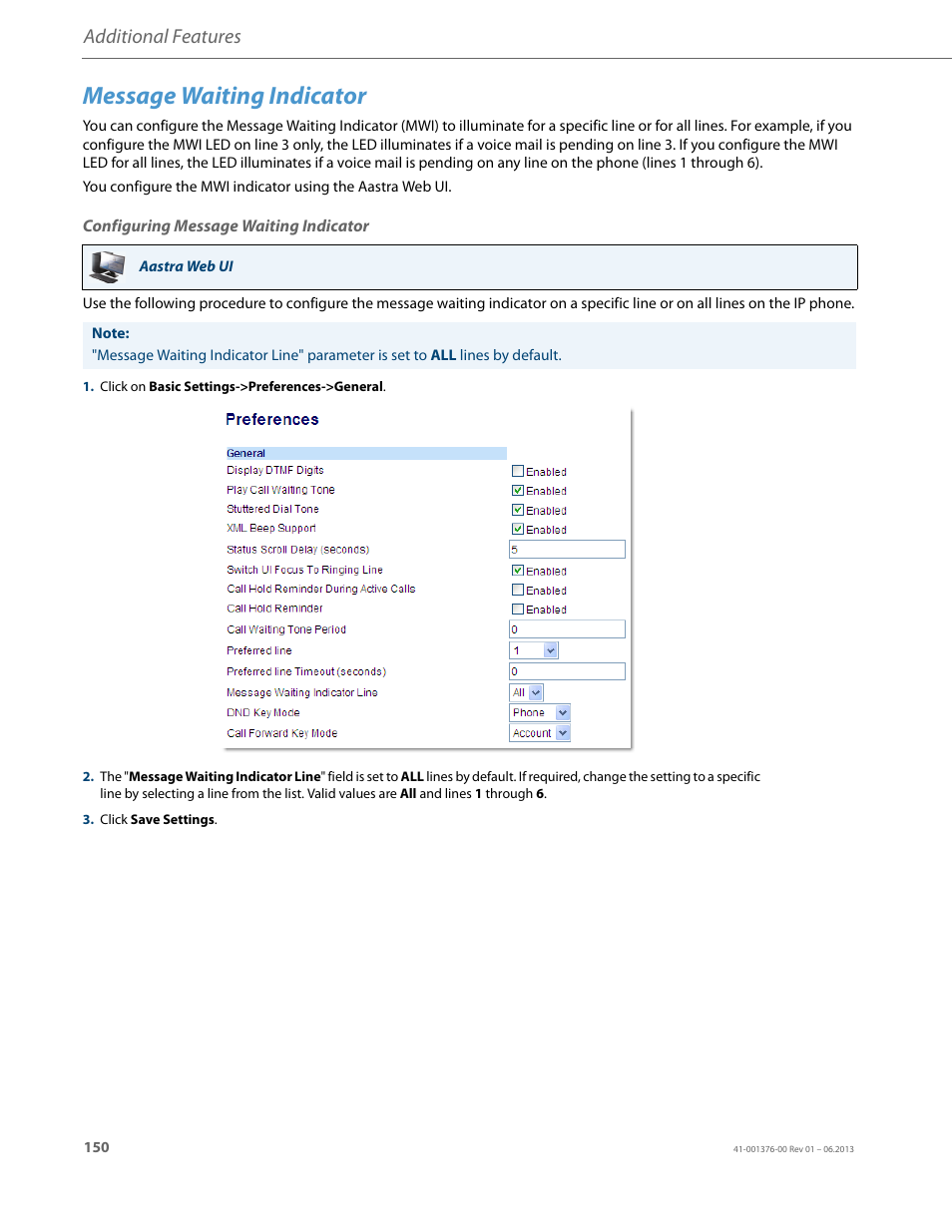 Message waiting indicator, Configuring message waiting indicator, Additional features | AASTRA 6730i (Version 3.2) User Guide EN User Manual | Page 156 / 185