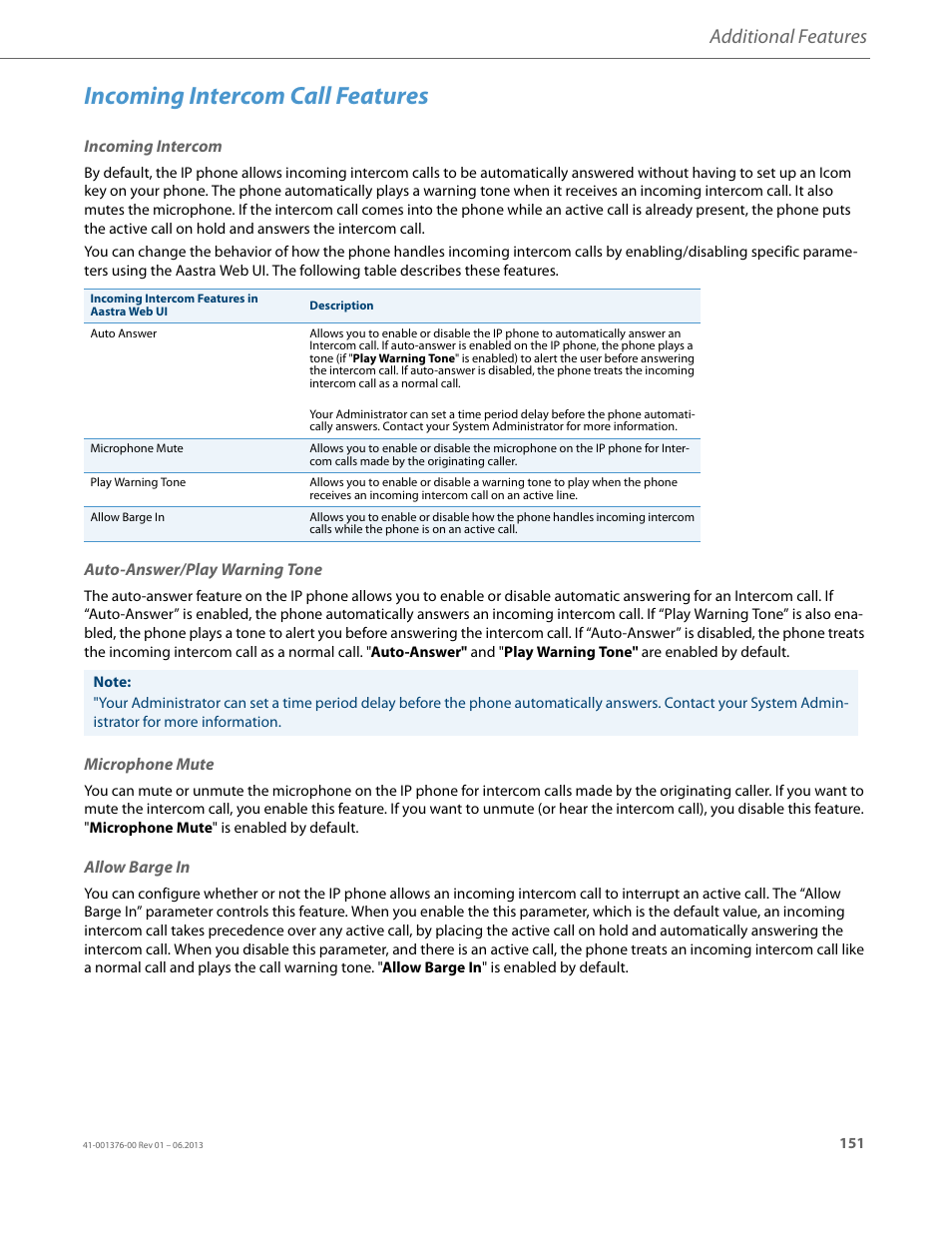 Incoming intercom call features, Incoming intercom, Auto-answer/play warning tone | Microphone mute, Allow barge in, Additional features | AASTRA 6730i (Version 3.2) User Guide EN User Manual | Page 157 / 185