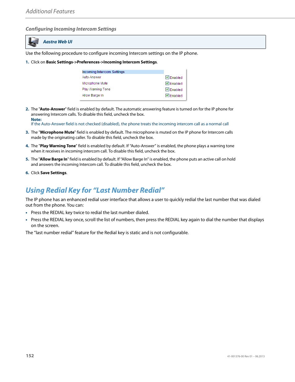 Configuring incoming intercom settings, Using redial key for “last number redial, Additional features | AASTRA 6730i (Version 3.2) User Guide EN User Manual | Page 158 / 185