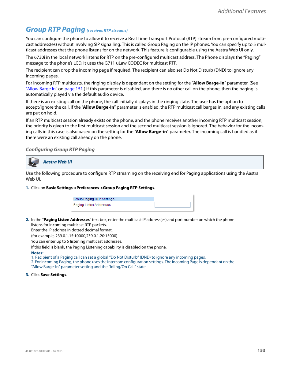 Group rtp paging (receives rtp streams), Configuring group rtp paging, Group rtp paging | Receives rtp streams), Additional features | AASTRA 6730i (Version 3.2) User Guide EN User Manual | Page 159 / 185