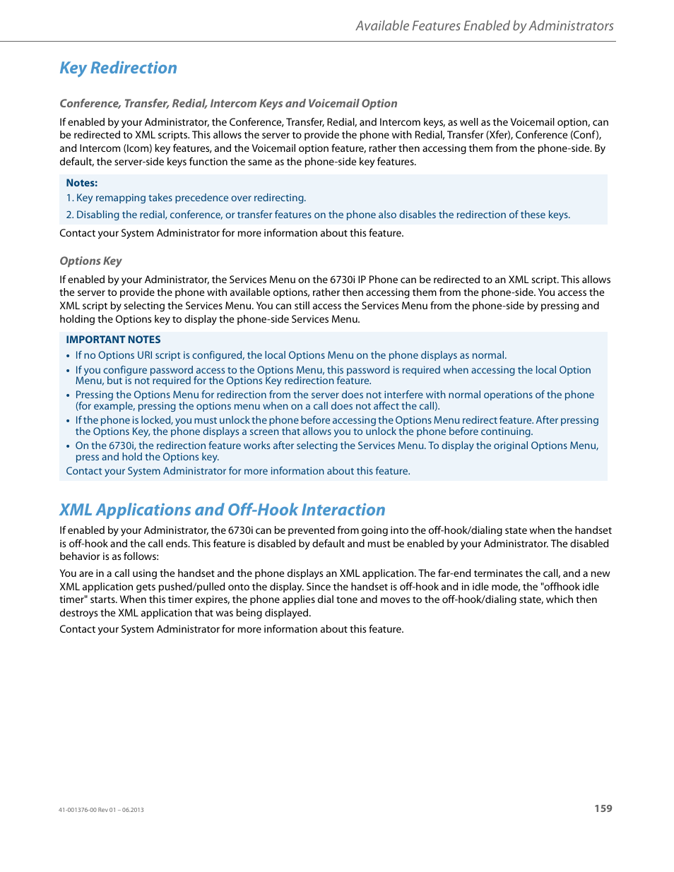 Key redirection, Options key, Xml applications and off-hook interaction | Available features enabled by administrators | AASTRA 6730i (Version 3.2) User Guide EN User Manual | Page 165 / 185