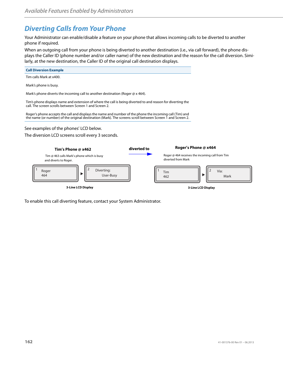 Diverting calls from your phone, Available features enabled by administrators | AASTRA 6730i (Version 3.2) User Guide EN User Manual | Page 168 / 185