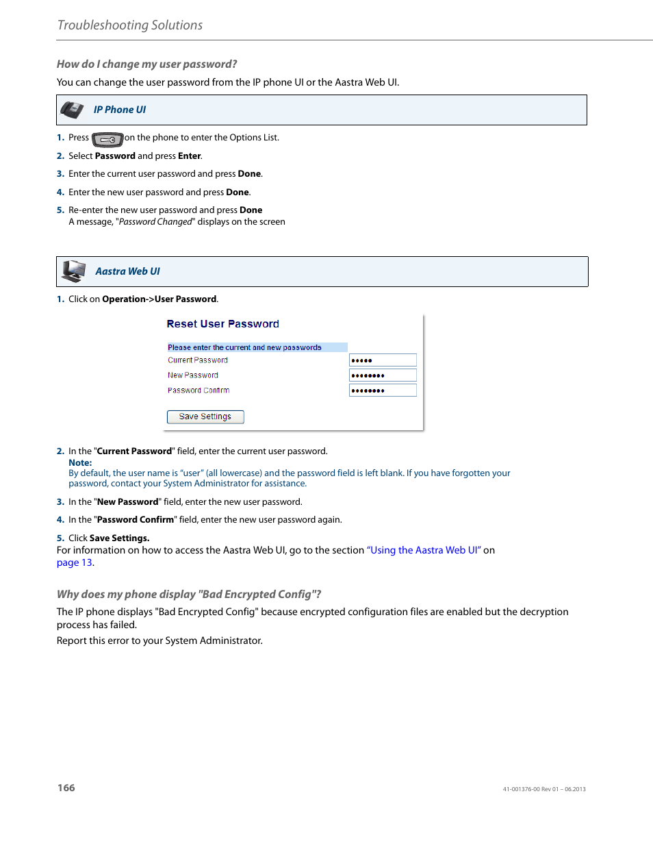 How do i change my user password, Why does my phone display "bad encrypted config, Troubleshooting solutions | AASTRA 6730i (Version 3.2) User Guide EN User Manual | Page 172 / 185