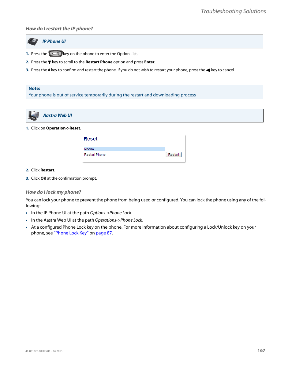 How do i restart the ip phone, How do i lock my phone, Troubleshooting solutions | AASTRA 6730i (Version 3.2) User Guide EN User Manual | Page 173 / 185