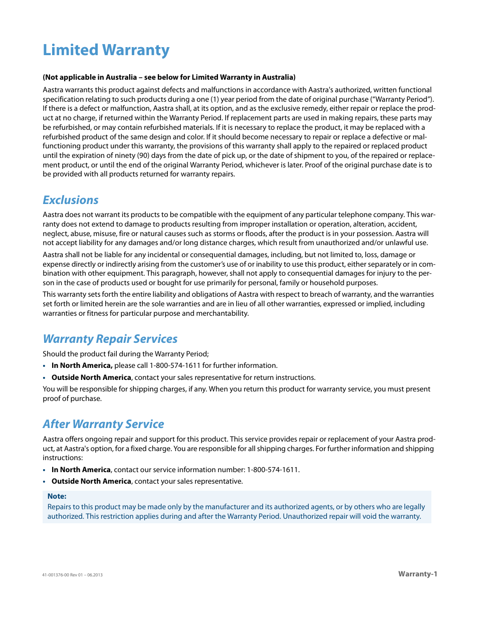 Limited warranty, Exclusions, Warranty repair services | After warranty service | AASTRA 6730i (Version 3.2) User Guide EN User Manual | Page 175 / 185