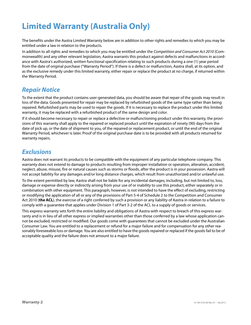 Limited warranty (australia only), Repair notice, Exclusions | AASTRA 6730i (Version 3.2) User Guide EN User Manual | Page 176 / 185