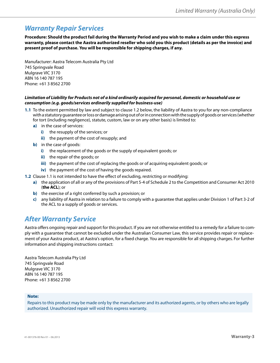 Warranty repair services, After warranty service, Limited warranty (australia only) | AASTRA 6730i (Version 3.2) User Guide EN User Manual | Page 177 / 185