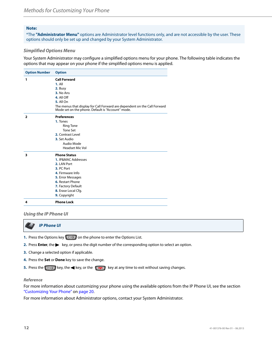 Simplified options menu, Using the ip phone ui, Methods for customizing your phone | AASTRA 6730i (Version 3.2) User Guide EN User Manual | Page 18 / 185