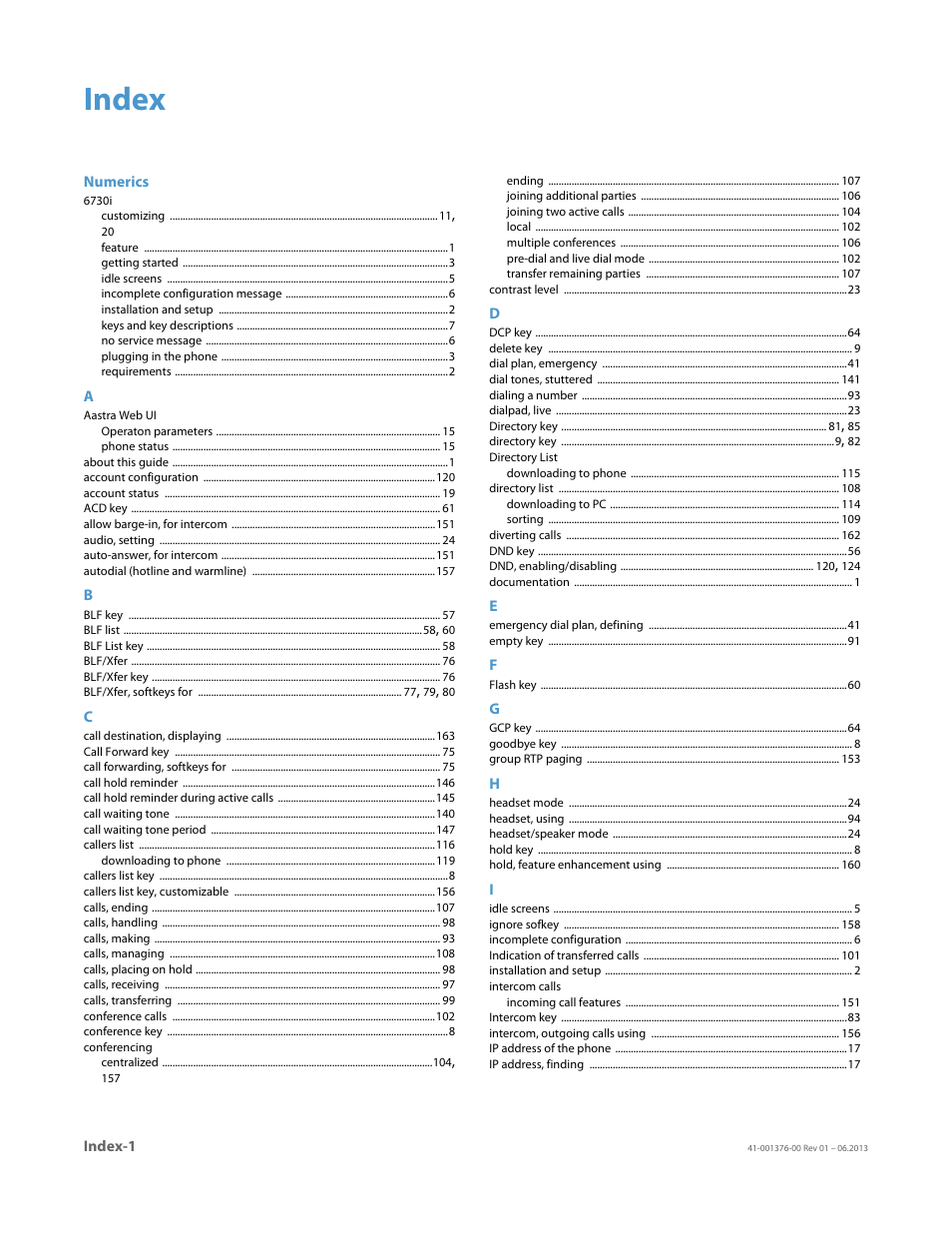 Index | AASTRA 6730i (Version 3.2) User Guide EN User Manual | Page 182 / 185