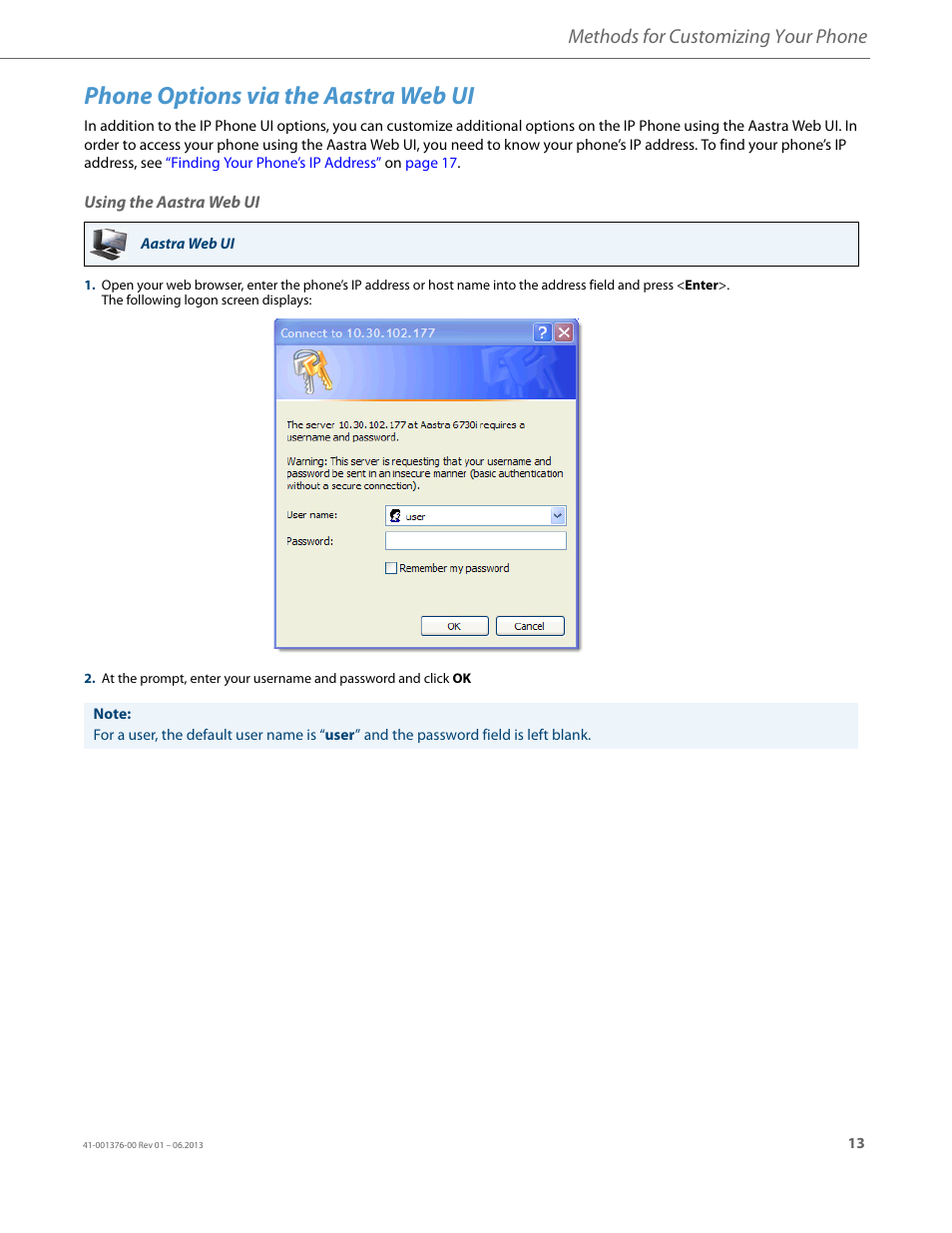 Phone options via the aastra web ui, Using the aastra web ui, Methods for customizing your phone | AASTRA 6730i (Version 3.2) User Guide EN User Manual | Page 19 / 185
