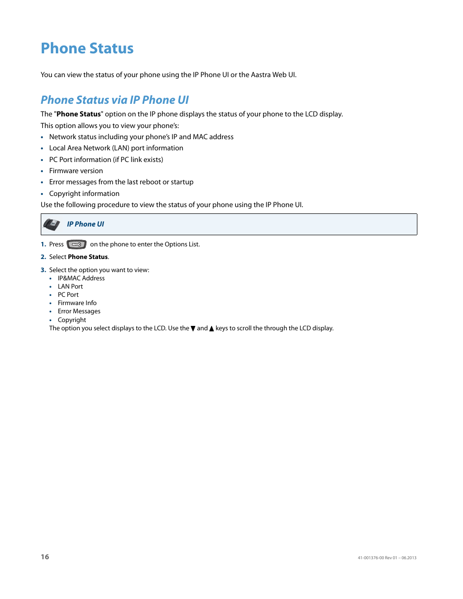 Phone status, Phone status via ip phone ui | AASTRA 6730i (Version 3.2) User Guide EN User Manual | Page 22 / 185