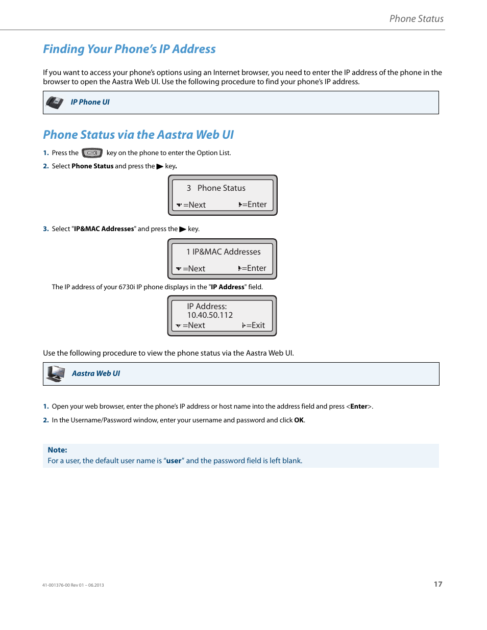 Phone status via the aastra web ui, Finding your phone’s ip address, Phone status | AASTRA 6730i (Version 3.2) User Guide EN User Manual | Page 23 / 185