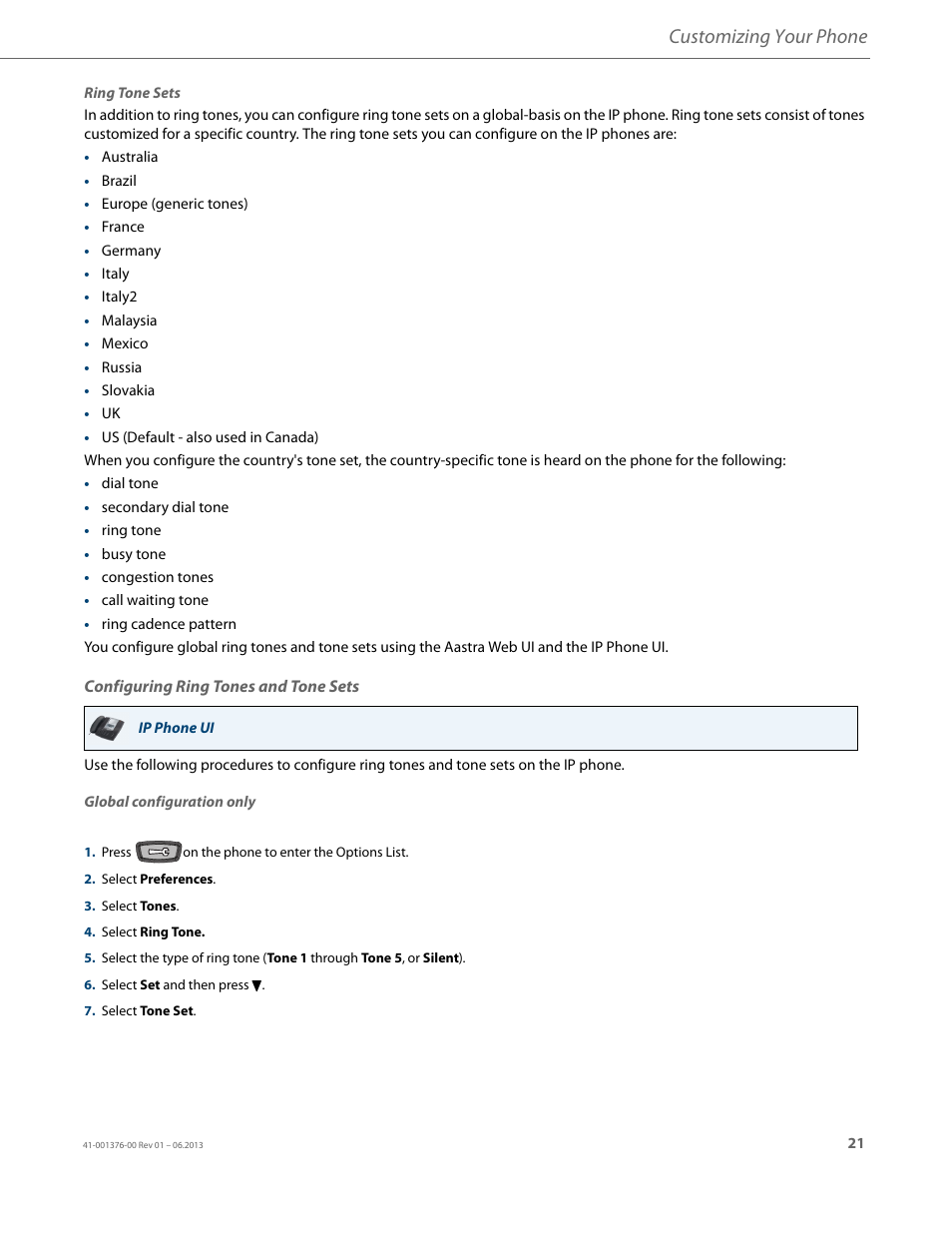 Configuring ring tones and tone sets, Customizing your phone | AASTRA 6730i (Version 3.2) User Guide EN User Manual | Page 27 / 185