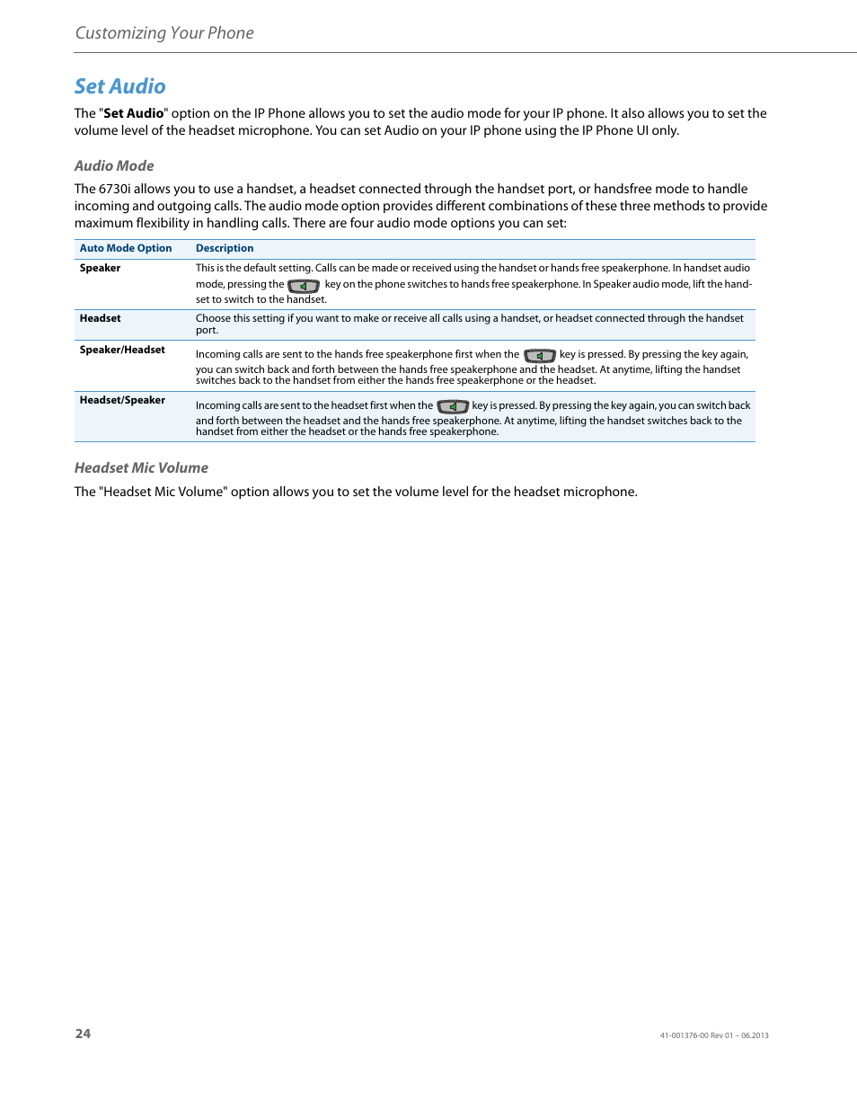 Set audio, Audio mode, Headset mic volume | Customizing your phone | AASTRA 6730i (Version 3.2) User Guide EN User Manual | Page 30 / 185