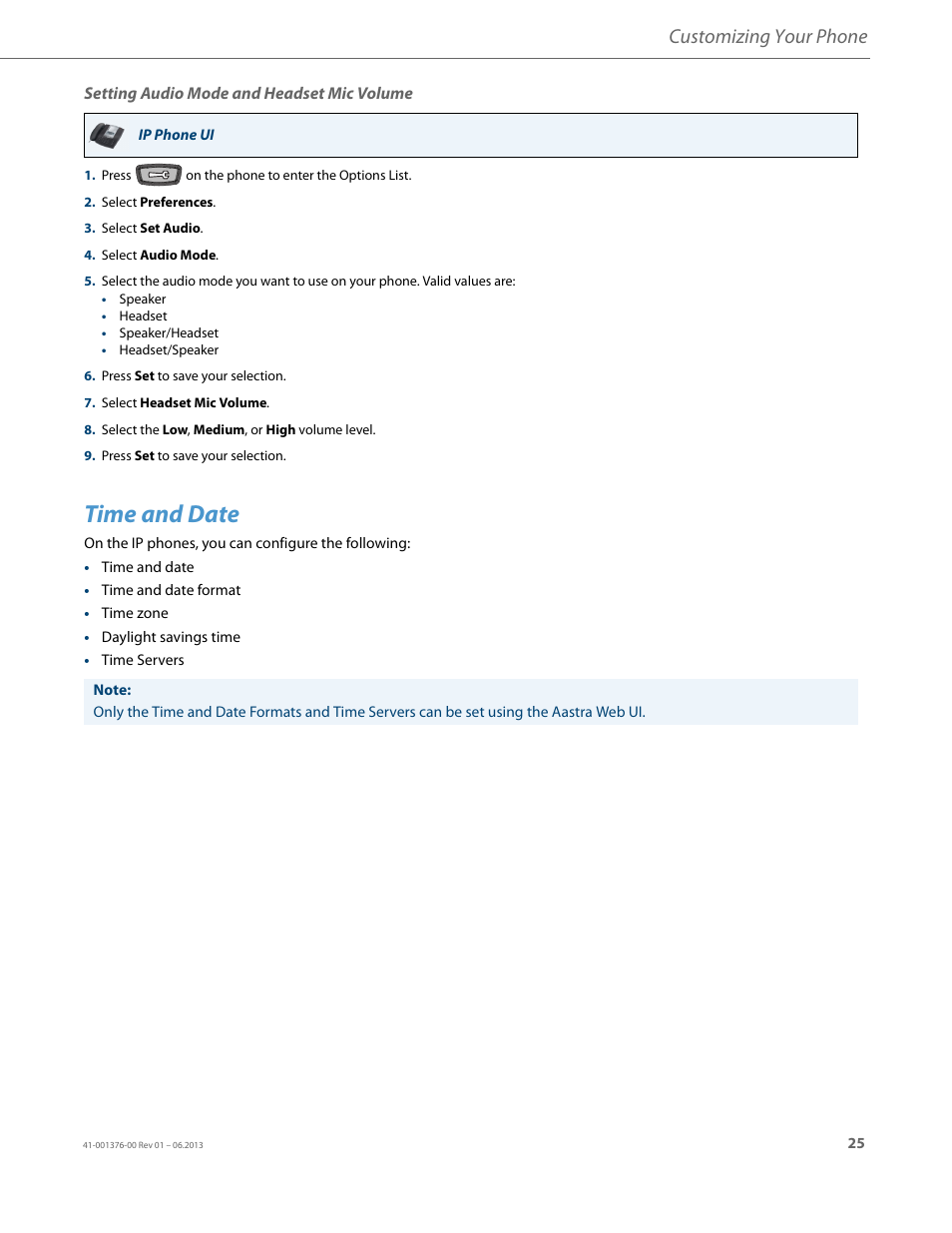 Setting audio mode and headset mic volume, Time and date, Customizing your phone | AASTRA 6730i (Version 3.2) User Guide EN User Manual | Page 31 / 185