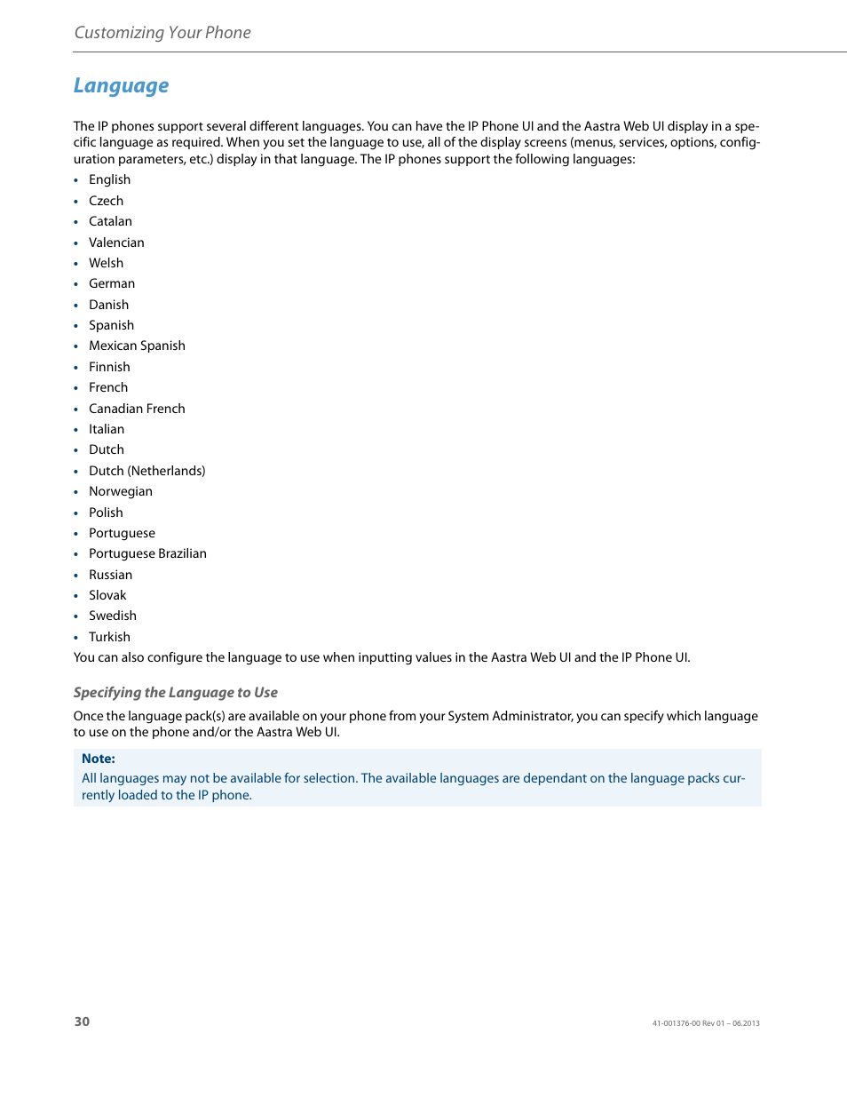 Specifying the language to use, Language, Customizing your phone | AASTRA 6730i (Version 3.2) User Guide EN User Manual | Page 36 / 185